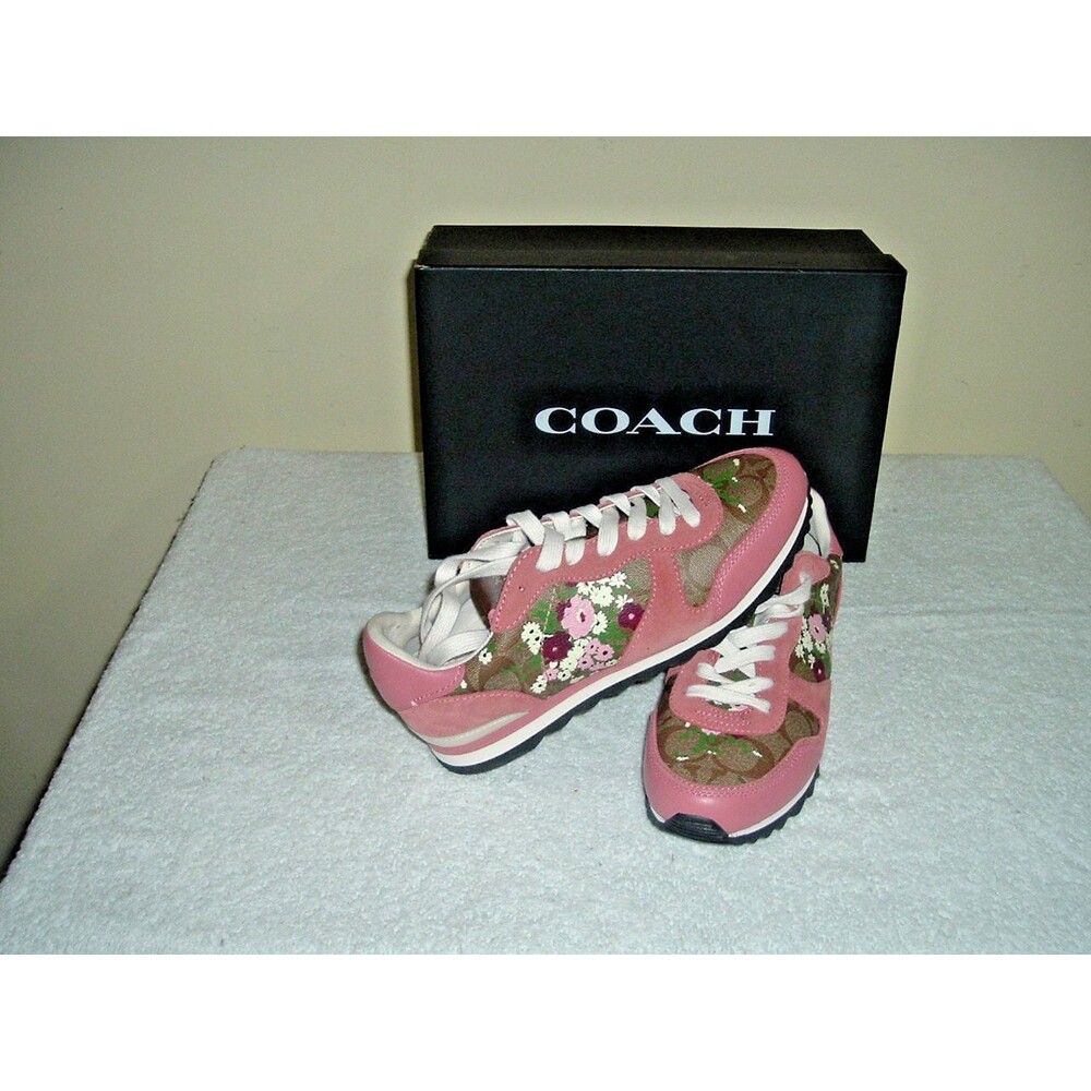 New Coach Khaki Pink Floral Sneakers with Box Size 7B Logo & Flowers White Laces